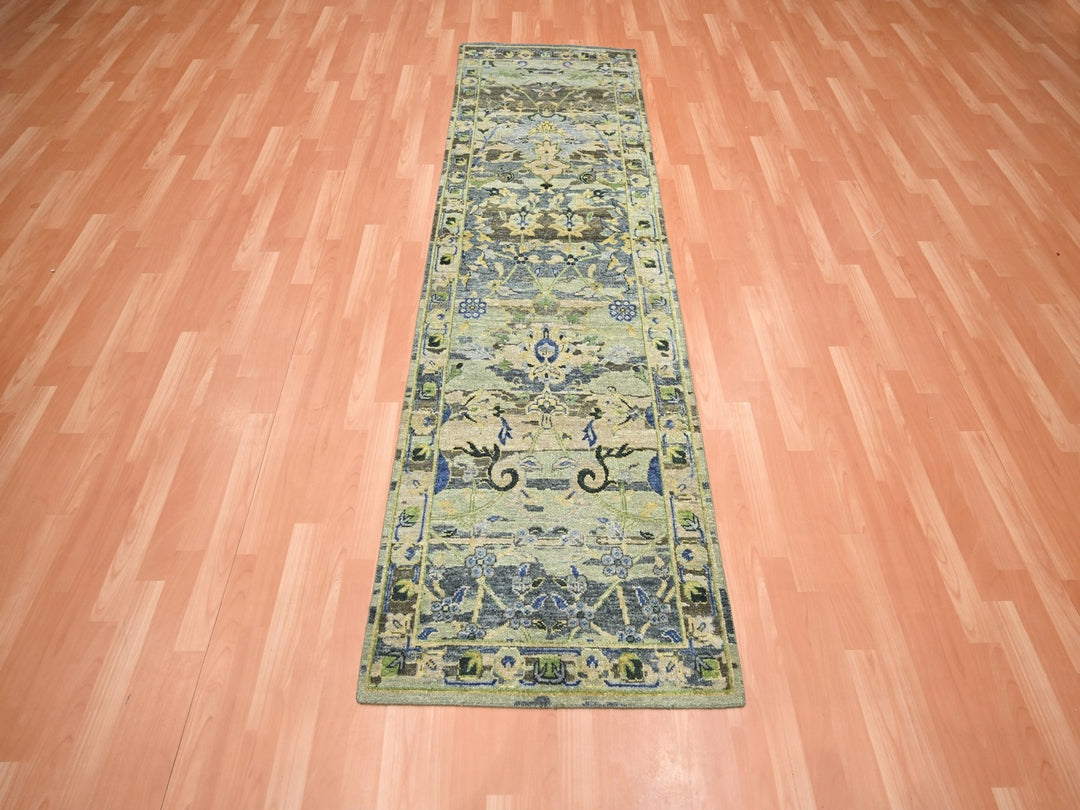 2'8" x 8'3" New Hand Knotted Green Wool Runner Oriental Rug - MOA10275720