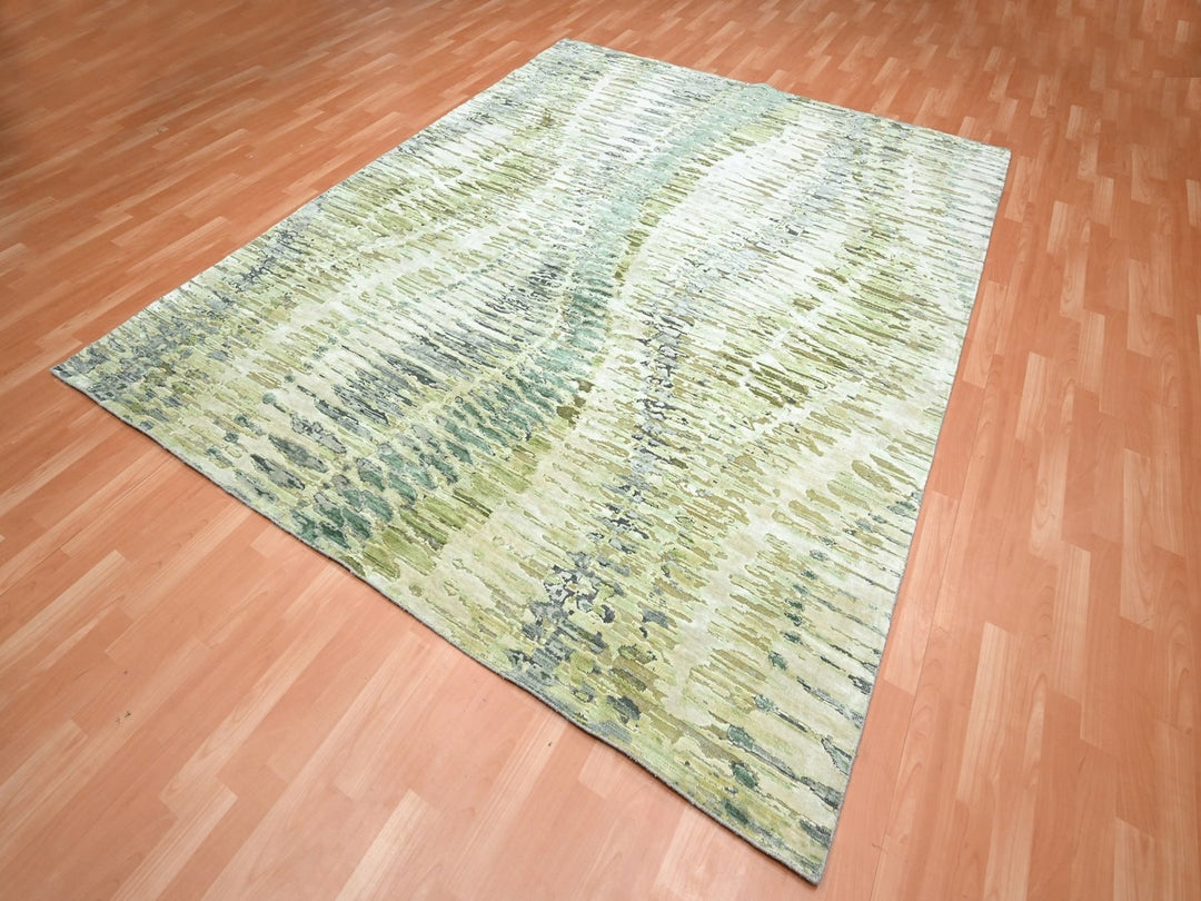 8'0" x 9'10" New Hand Knotted Green Silk Rectangle Oriental Rug - MOA10275725