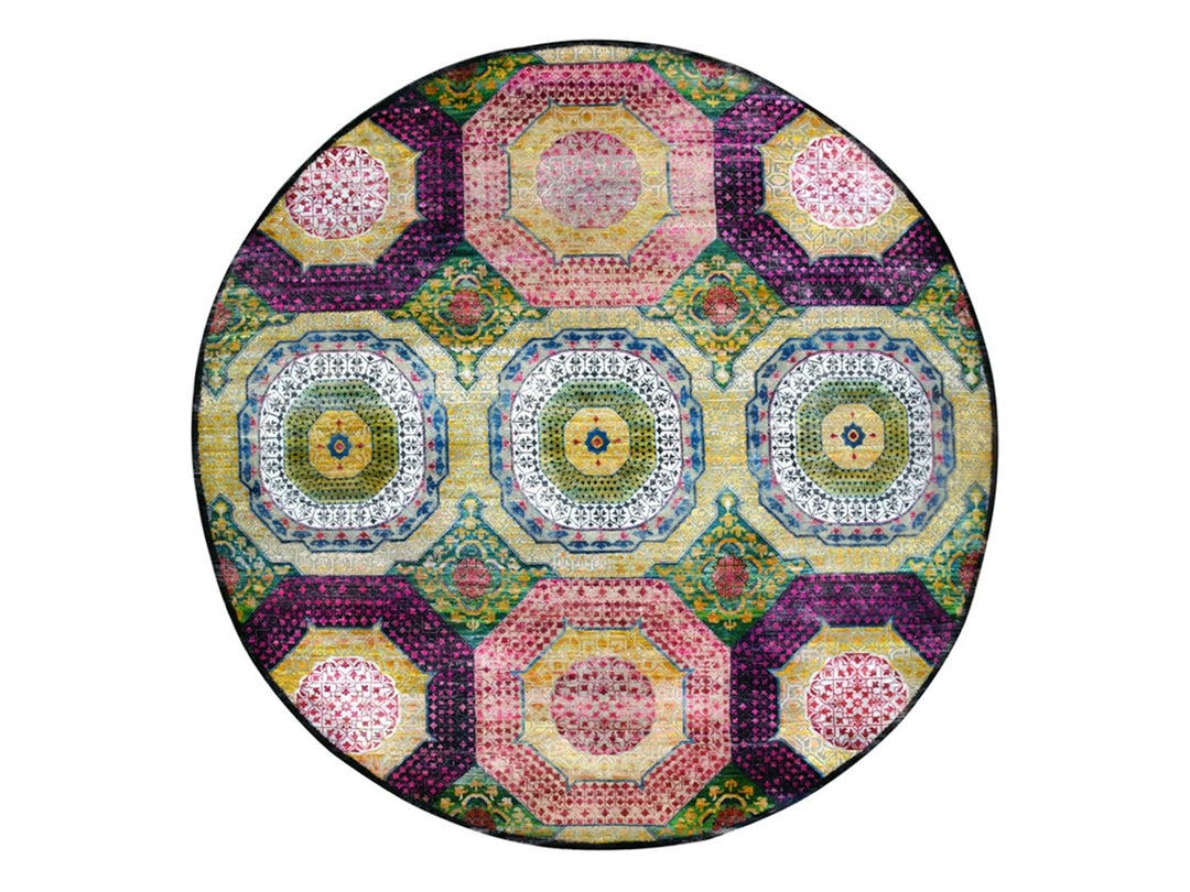 9'10" x 9'10" New Hand Knotted Yellow Wool & Silk Round Oriental Rug - MOA10275727