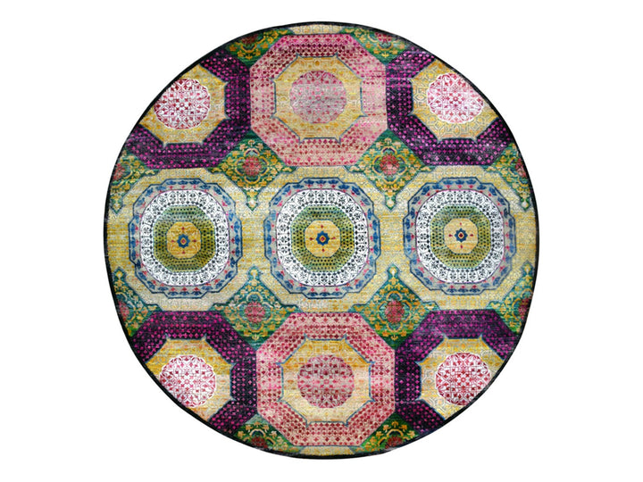 9'10" x 9'10" New Hand Knotted Yellow Wool & Silk Round Oriental Rug - MOA10275727