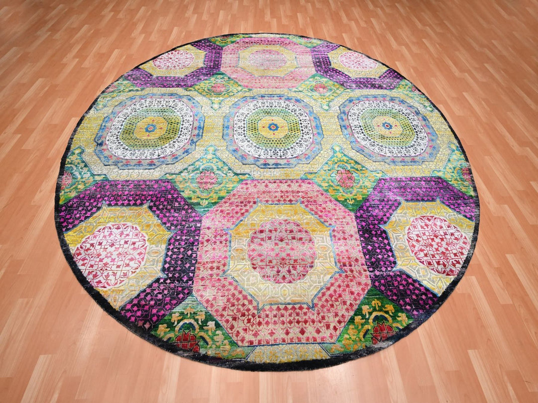 9'10" x 9'10" New Hand Knotted Yellow Wool & Silk Round Oriental Rug - MOA10275727