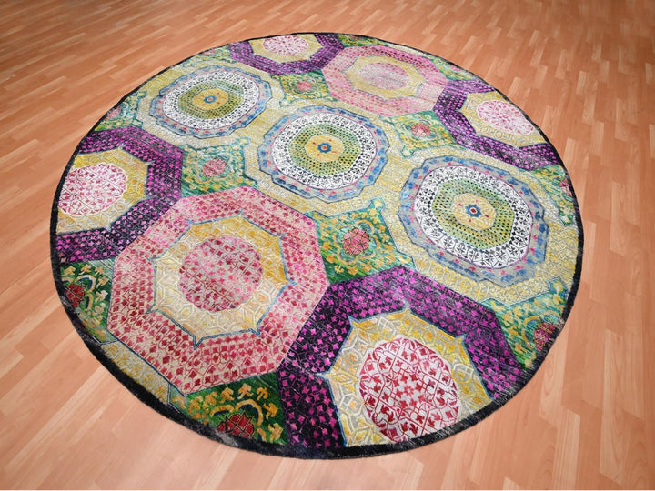 9'10" x 9'10" New Hand Knotted Yellow Wool & Silk Round Oriental Rug - MOA10275727