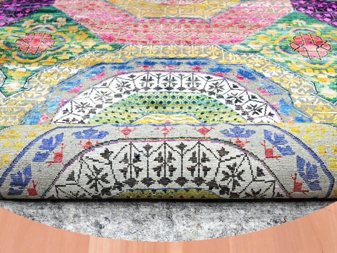 9'10" x 9'10" New Hand Knotted Yellow Wool & Silk Round Oriental Rug - MOA10275727