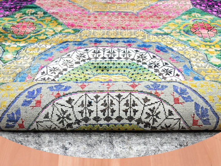 9'10" x 9'10" New Hand Knotted Yellow Wool & Silk Round Oriental Rug - MOA10275727