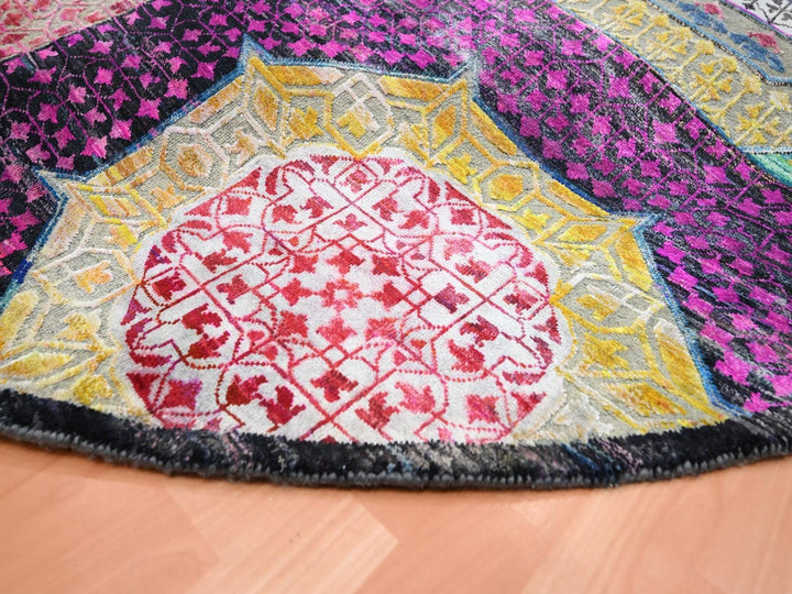 9'10" x 9'10" New Hand Knotted Yellow Wool & Silk Round Oriental Rug - MOA10275727