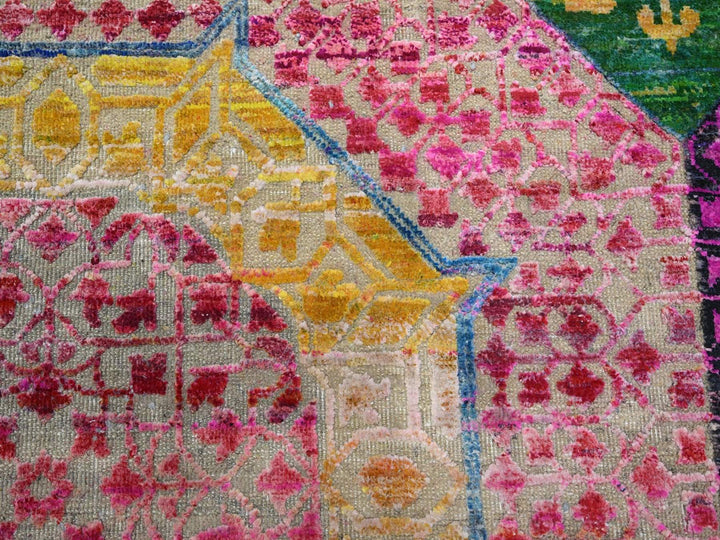 9'10" x 9'10" New Hand Knotted Yellow Wool & Silk Round Oriental Rug - MOA10275727