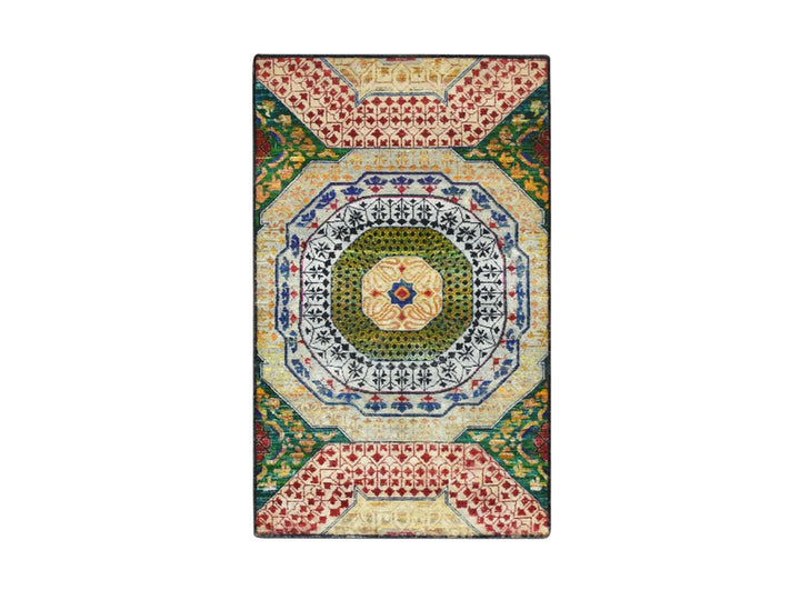 3'0" x 5'1" New Hand Knotted Yellow Wool & Silk Rectangle Oriental Rug - MOA10275728