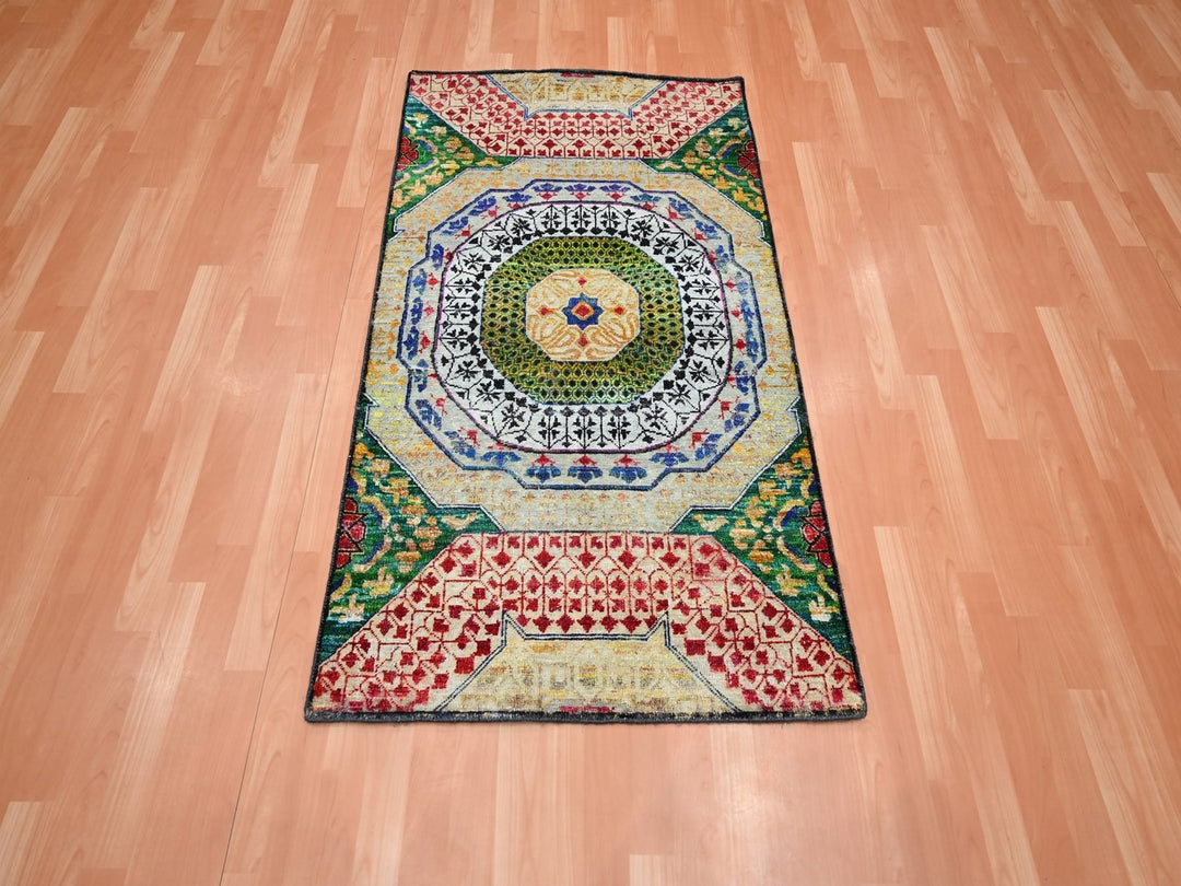 3'0" x 5'1" New Hand Knotted Yellow Wool & Silk Rectangle Oriental Rug - MOA10275728