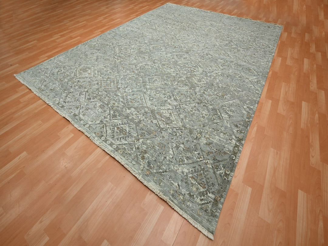 8'11" x 11'11" New Hand Knotted Grey Wool Rectangle Oriental Rug - MOA10275737