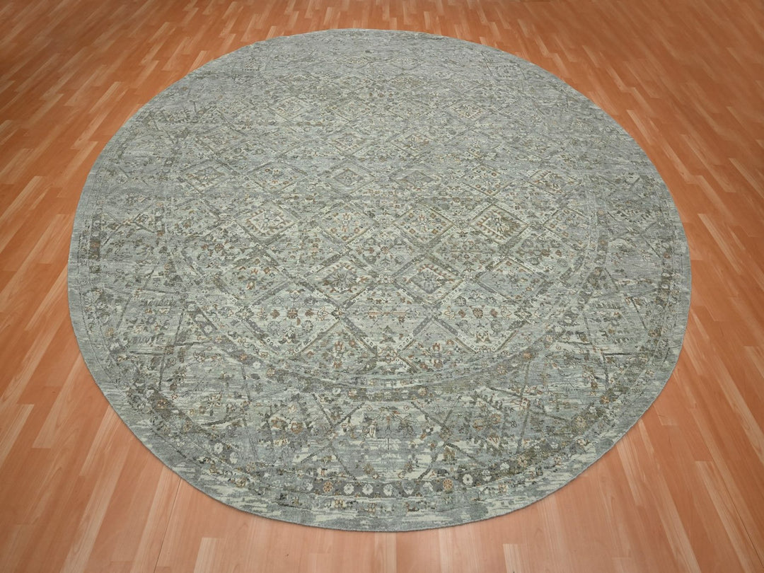 11'7" x 11'7" New Hand Knotted Grey Wool Round Oriental Rug - MOA10275741