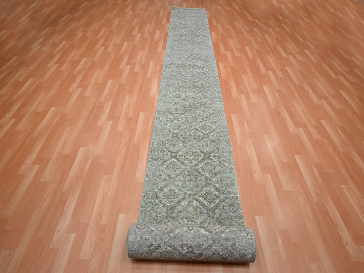 2'5" x 24'10" New Hand Knotted Grey Wool Runner Oriental Rug - MOA10275750