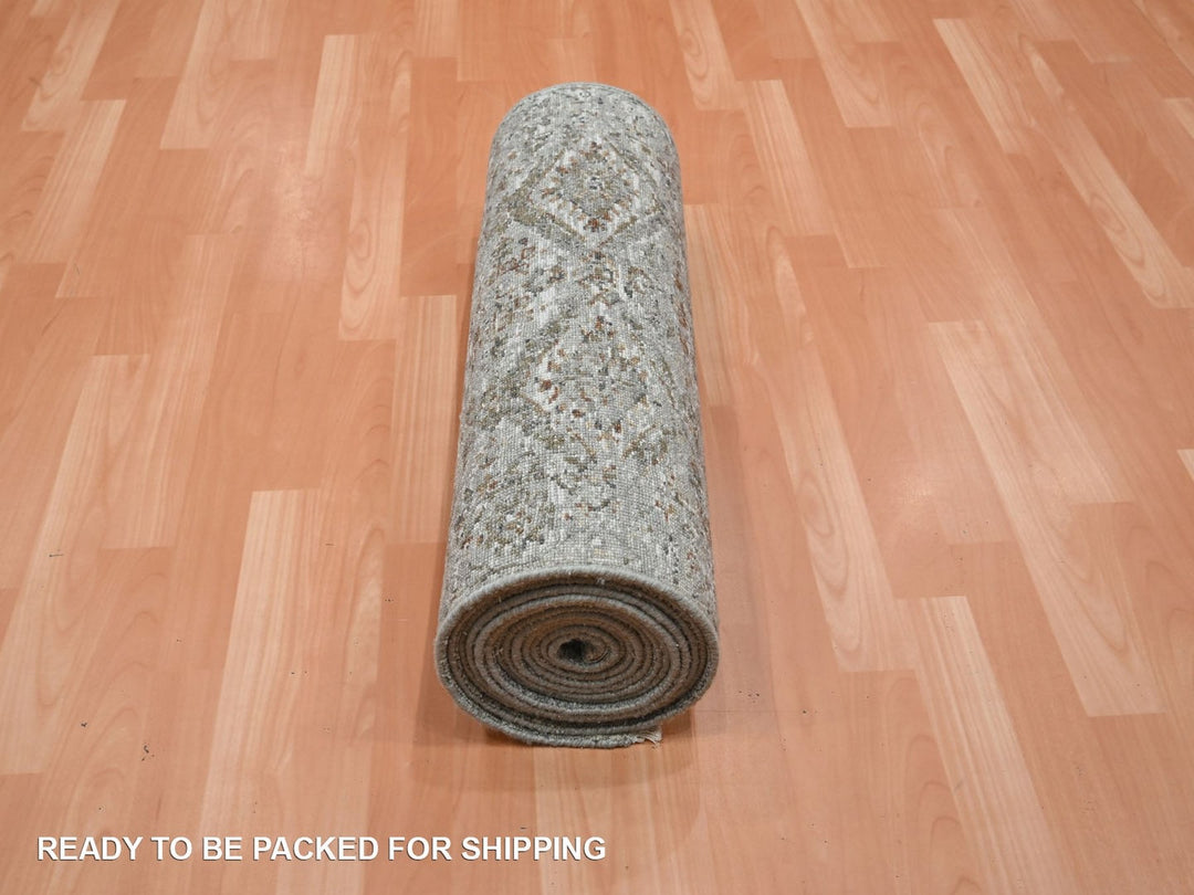 2'6" x 18'1" New Hand Knotted Grey Wool Runner Oriental Rug - MOA10275751