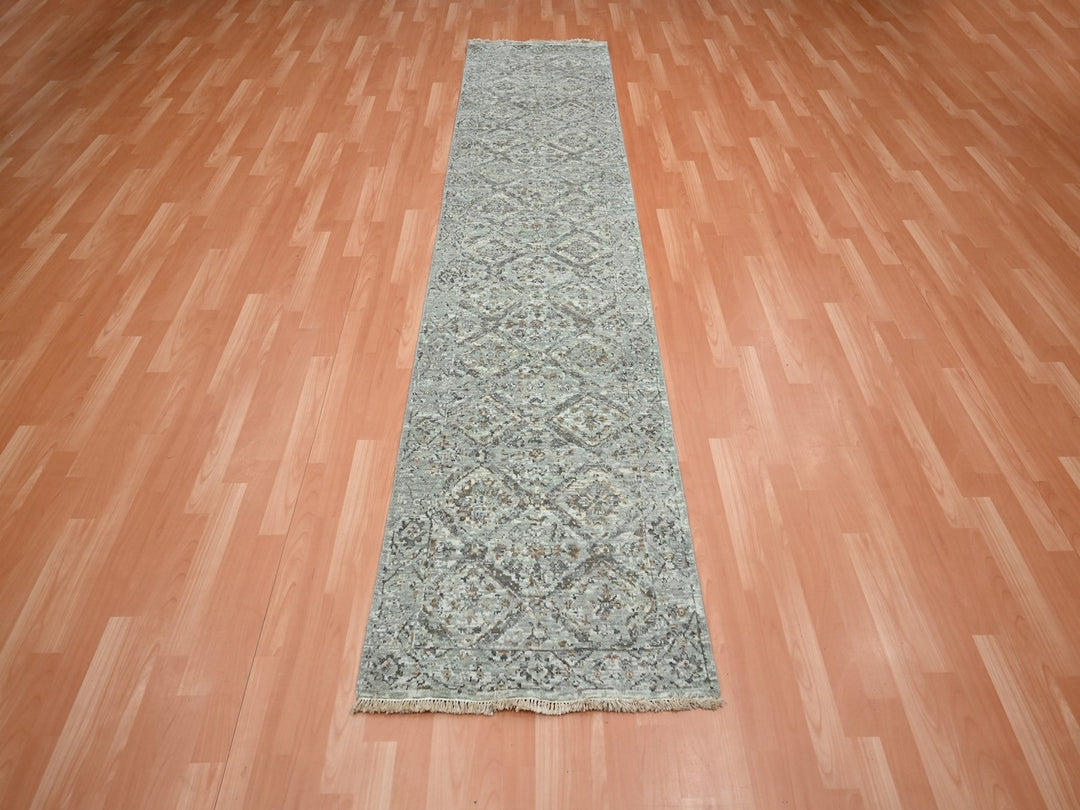 2'5" x 9'11" New Hand Knotted Grey Wool Runner Oriental Rug - MOA10275754
