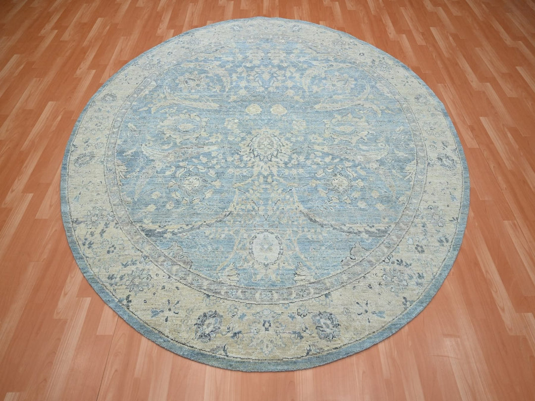 8'0" x 8'0" New Hand Knotted Blue Wool Round Oriental Rug - MOA10275772
