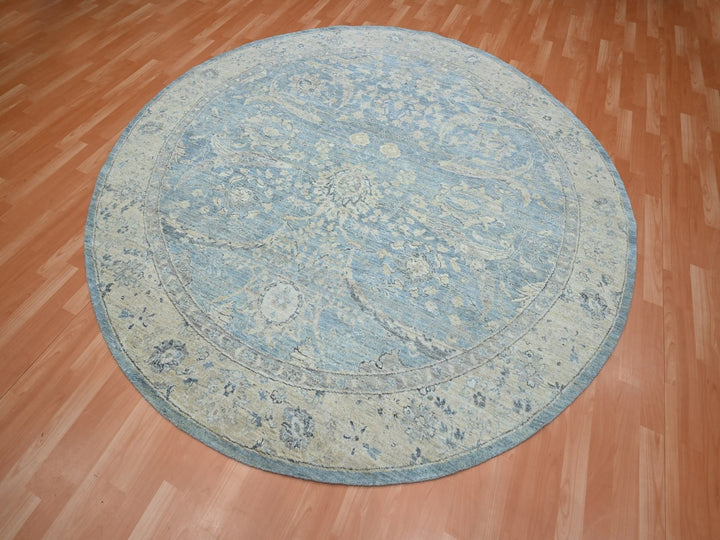 8'0" x 8'0" New Hand Knotted Blue Wool Round Oriental Rug - MOA10275772