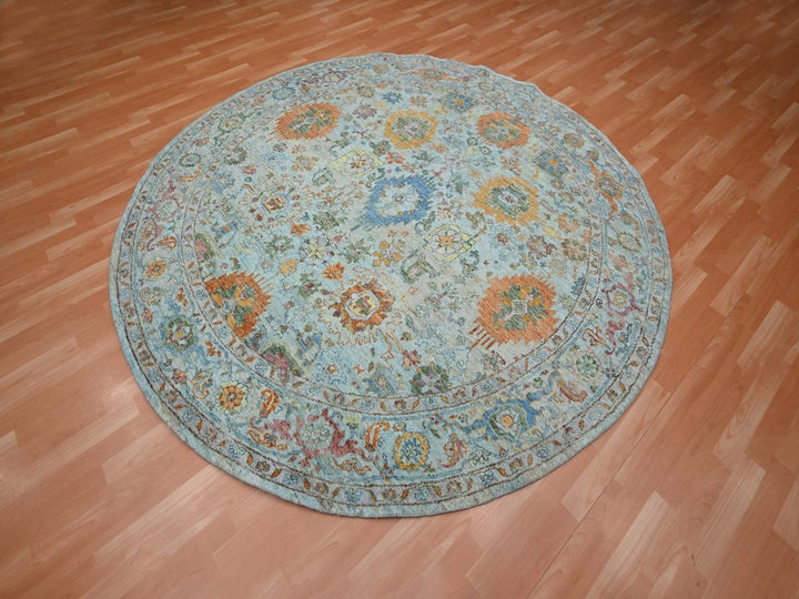 8'1" x 8'1" New Hand Knotted Blue Wool Round Oriental Rug - MOA10275800