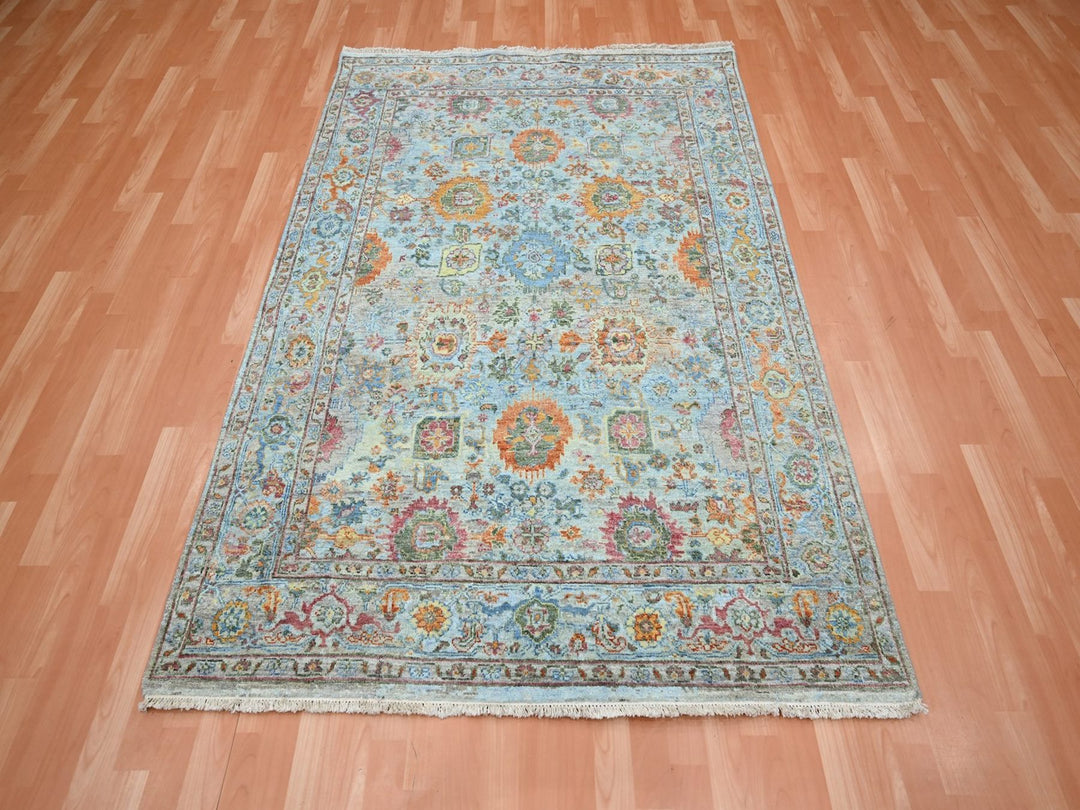 5'0" x 6'11" New Hand Knotted Blue Wool Rectangle Oriental Rug - MOA10275804