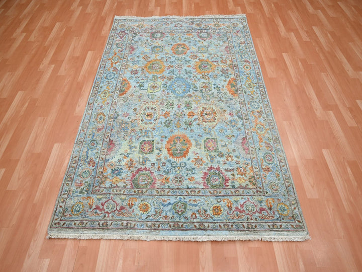5'0" x 6'11" New Hand Knotted Blue Wool Rectangle Oriental Rug - MOA10275804