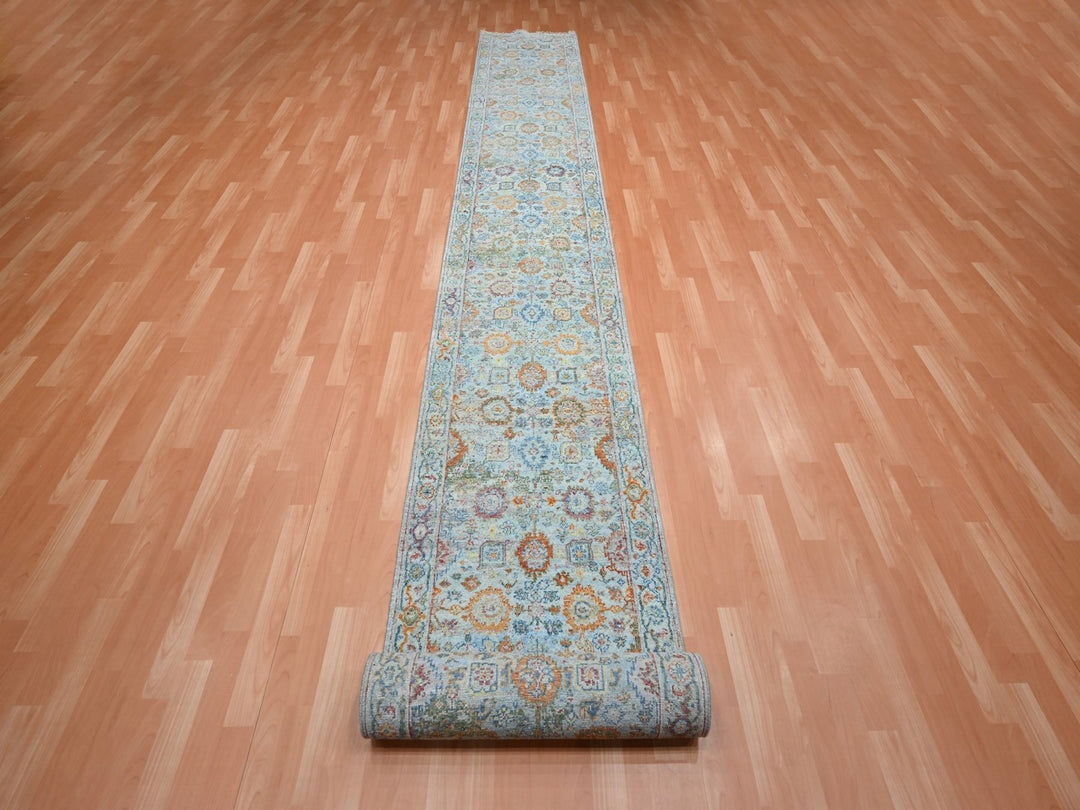 2'5" x 24'10" New Hand Knotted Blue Wool Runner Oriental Rug - MOA10275809