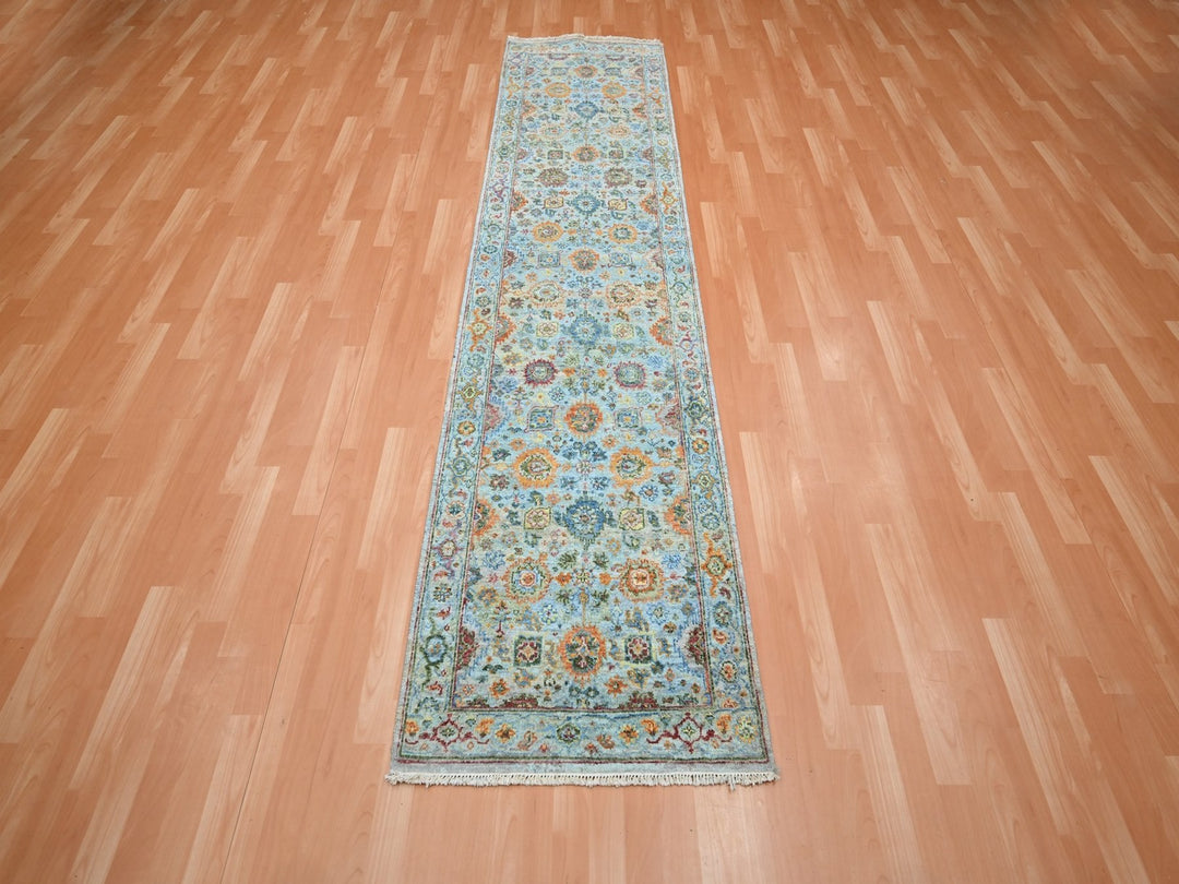 2'6" x 9'11" New Hand Knotted Blue Wool Runner Oriental Rug - MOA10275813