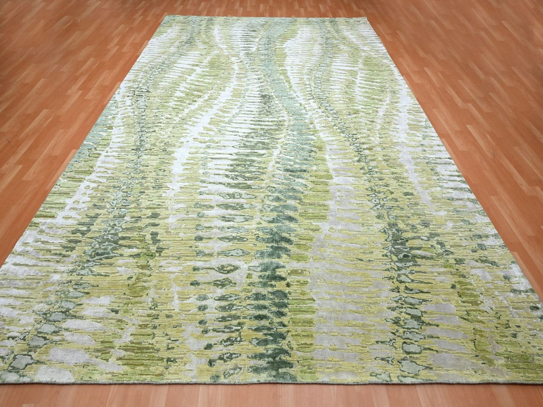 9'11" x 14'2" New Hand Knotted Green Silk Rectangle Oriental Rug - MOA10275833