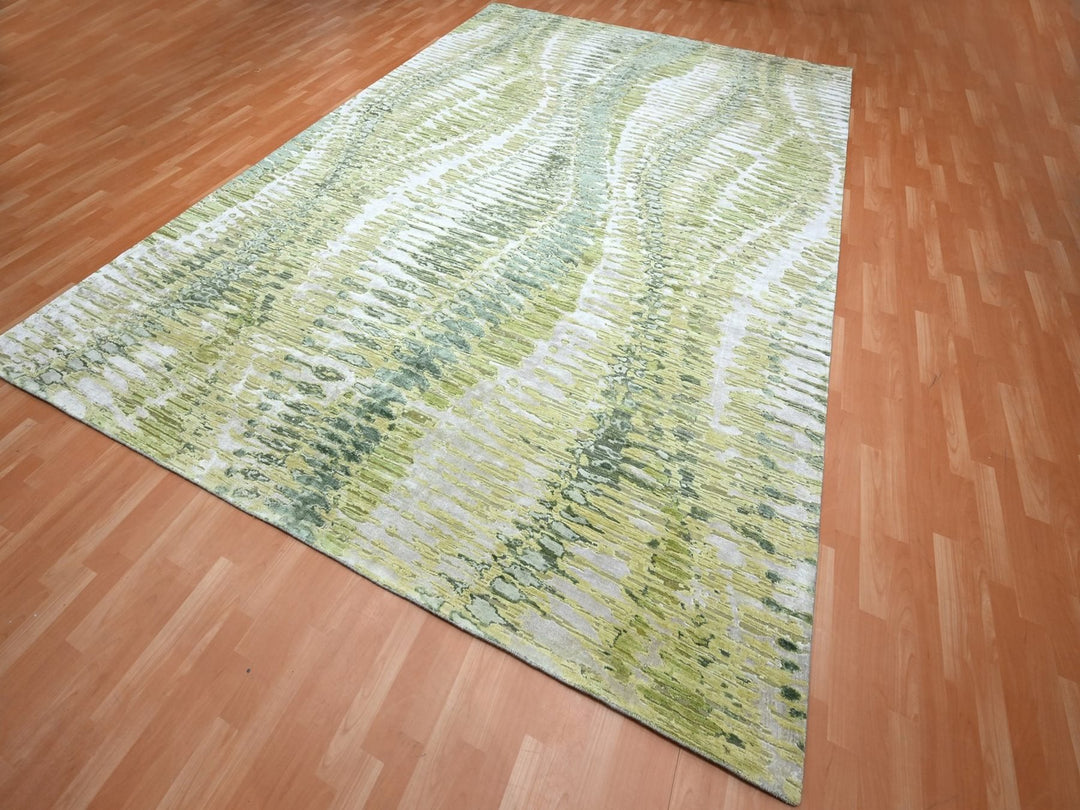 9'11" x 14'2" New Hand Knotted Green Silk Rectangle Oriental Rug - MOA10275833