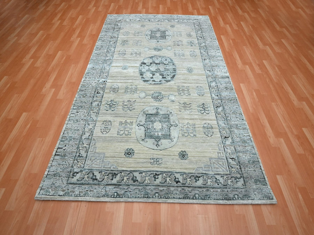 6'1" x 9'3" New Hand Knotted Beige Silk Rectangle Oriental Rug - MOA10275834