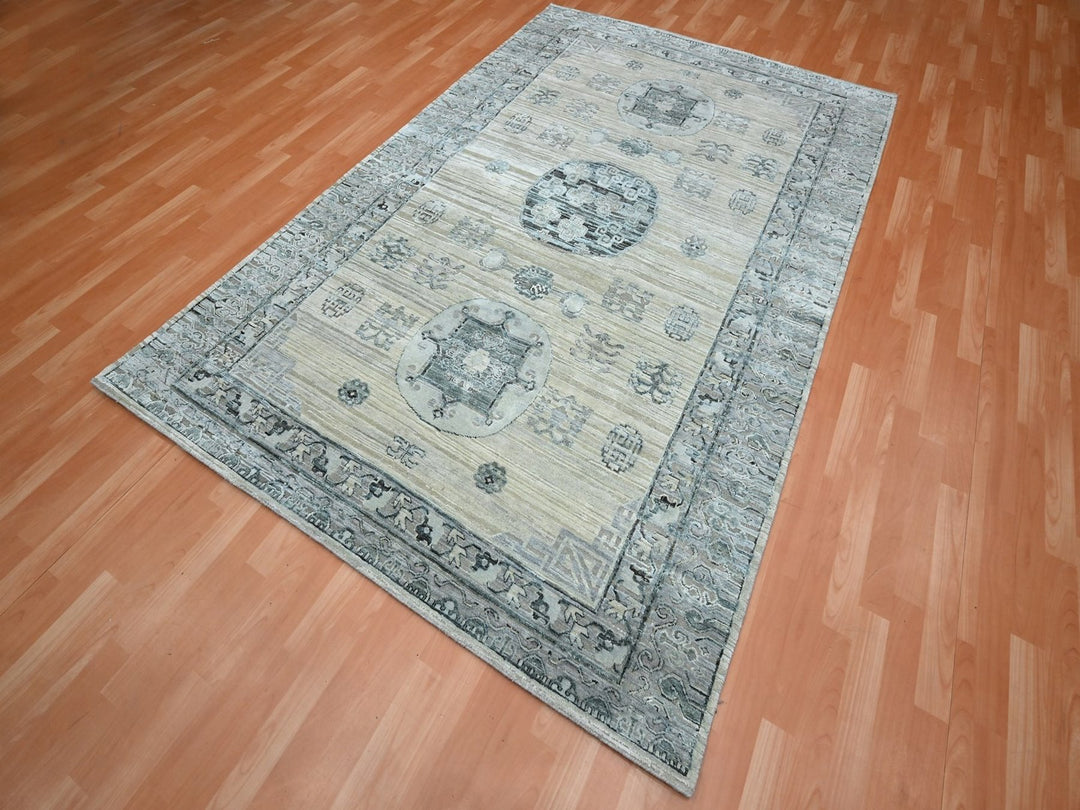 6'1" x 9'3" New Hand Knotted Beige Silk Rectangle Oriental Rug - MOA10275834