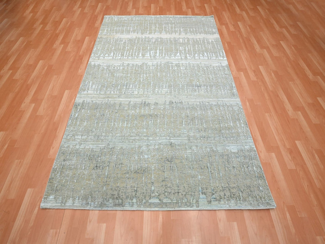 6'0" x 8'11" New Hand Knotted Grey Wool & Silk Rectangle Oriental Rug - MOA10275835
