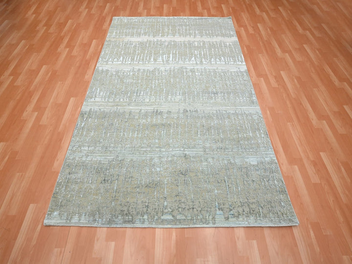 6'0" x 8'11" New Hand Knotted Grey Wool & Silk Rectangle Oriental Rug - MOA10275835