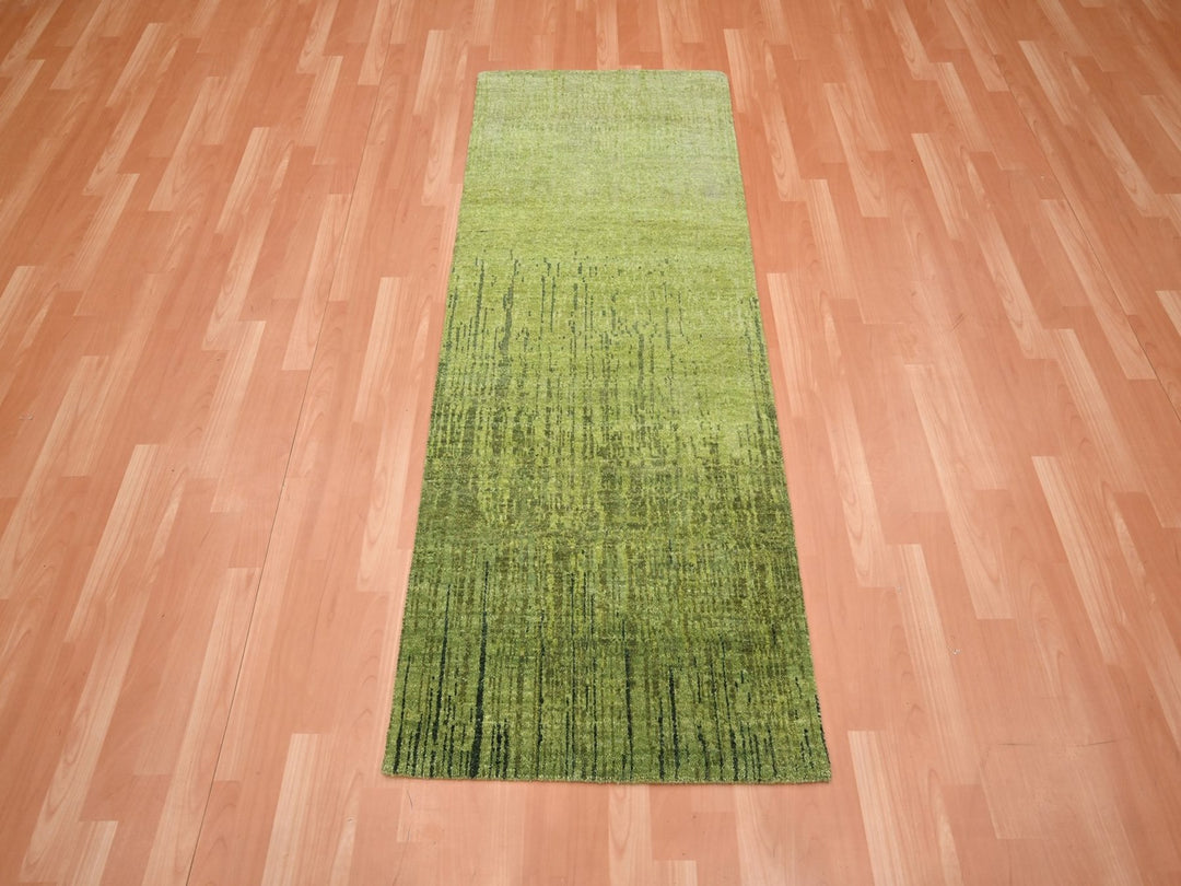 2'6" x 6'2" New Hand Knotted Green Wool Runner Oriental Rug - MOA10275841