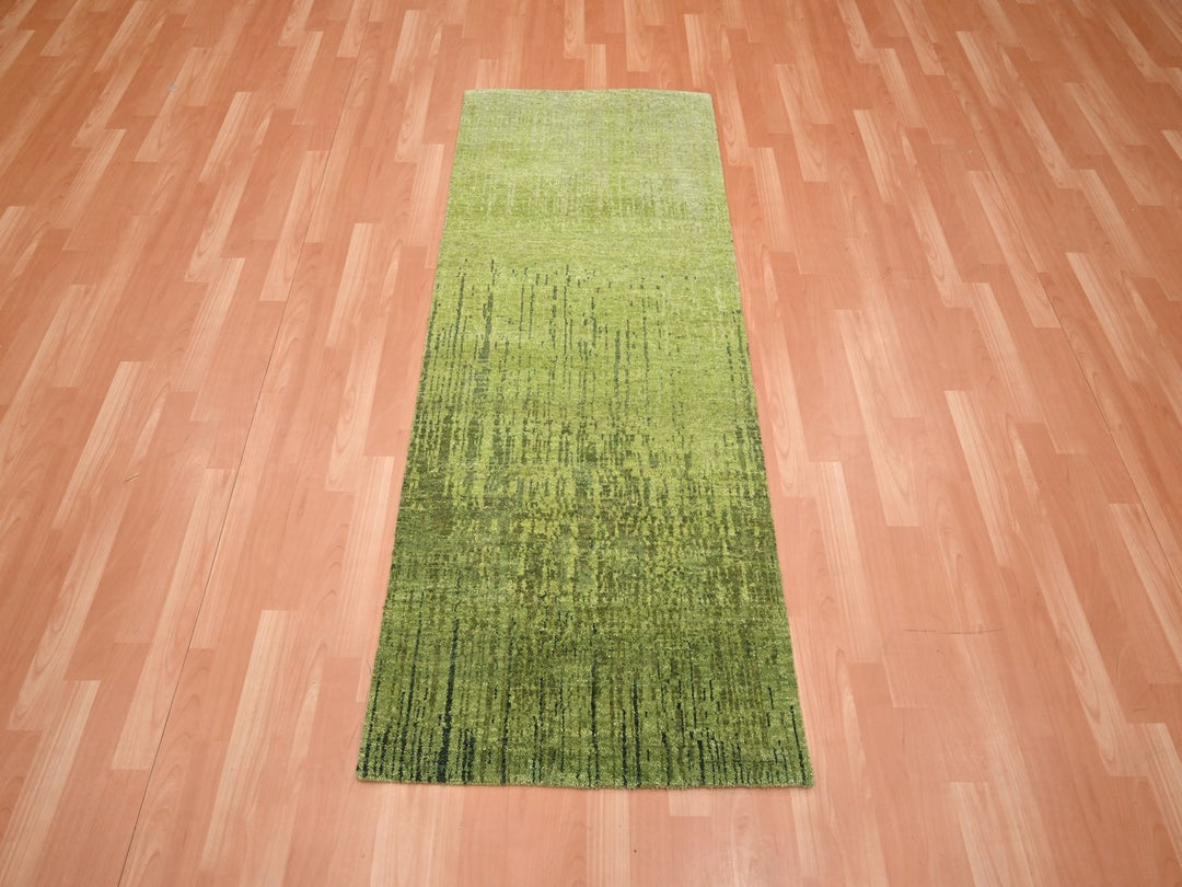 2'7" x 6'1" New Hand Knotted Green Wool Runner Oriental Rug - MOA10275842