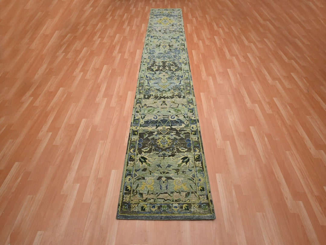 2'7" x 13'10" New Hand Knotted Green Wool Runner Oriental Rug - MOA10275843