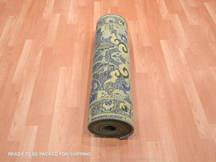 2'7" x 13'10" New Hand Knotted Green Wool Runner Oriental Rug - MOA10275843