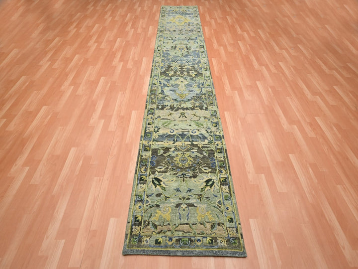 2'7" x 13'9" New Hand Knotted Green Wool Runner Oriental Rug - MOA10275844