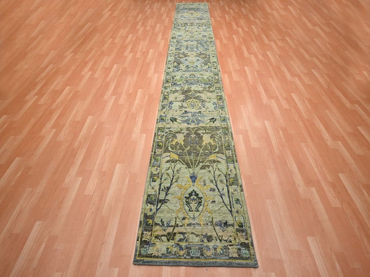 2'8" x 16'3" New Hand Knotted Green Wool Runner Oriental Rug - MOA10275846