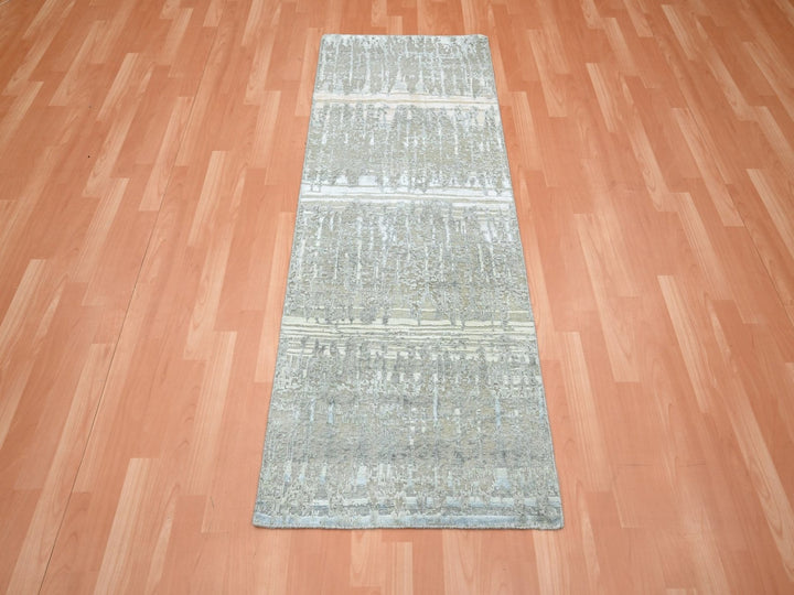 2'4" x 6'0" New Hand Knotted Grey Wool & Silk Runner Oriental Rug - MOA10275847