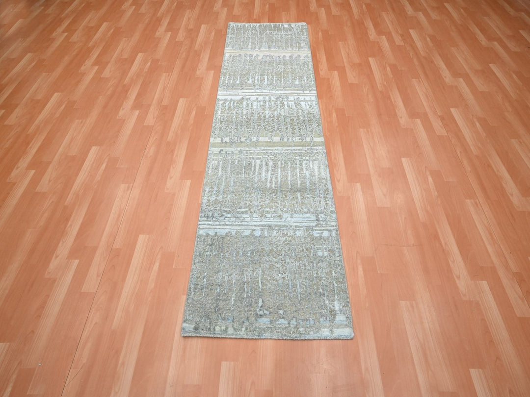 2'5" x 8'0" New Hand Knotted Grey Wool & Silk Runner Oriental Rug - MOA10275849