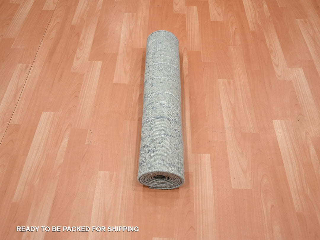 2'5" x 8'0" New Hand Knotted Grey Wool & Silk Runner Oriental Rug - MOA10275849