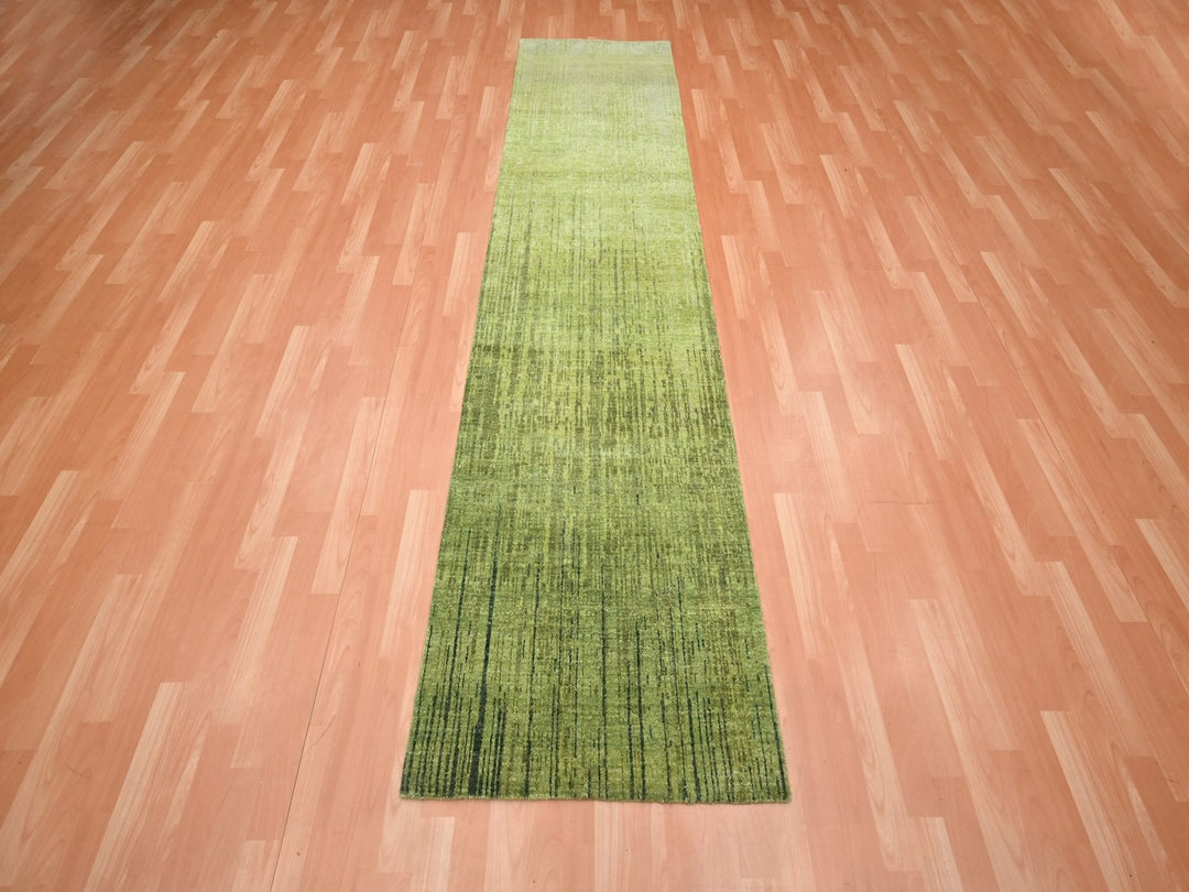 2'7" x 10'3" New Hand Knotted Green Wool Runner Oriental Rug - MOA10275861