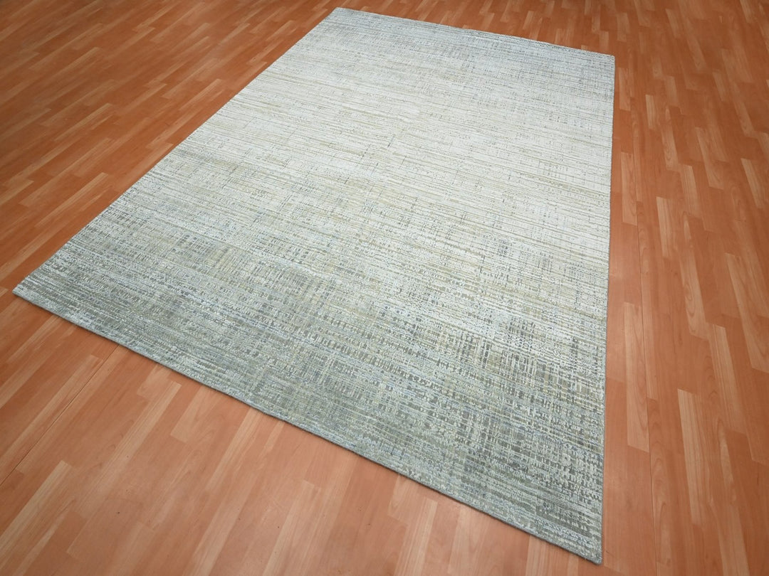 7'10" x 10'1" New Hand Knotted Grey Wool & Silk Rectangle Oriental Rug - MOA10275876