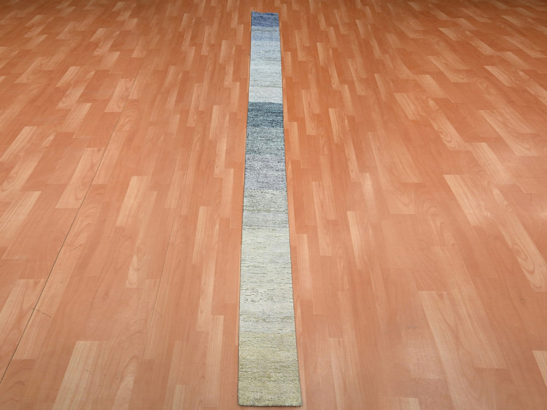 1'0" x 12'0" New Hand Knotted Grey Wool & Silk Runner Oriental Rug - MOA10275883