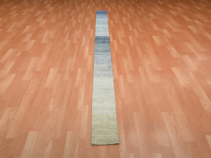 1'0" x 12'0" New Hand Knotted Grey Wool & Silk Runner Oriental Rug - MOA10275884