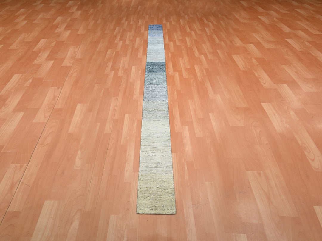 1'0" x 12'0" New Hand Knotted Grey Wool & Silk Runner Oriental Rug - MOA10275885