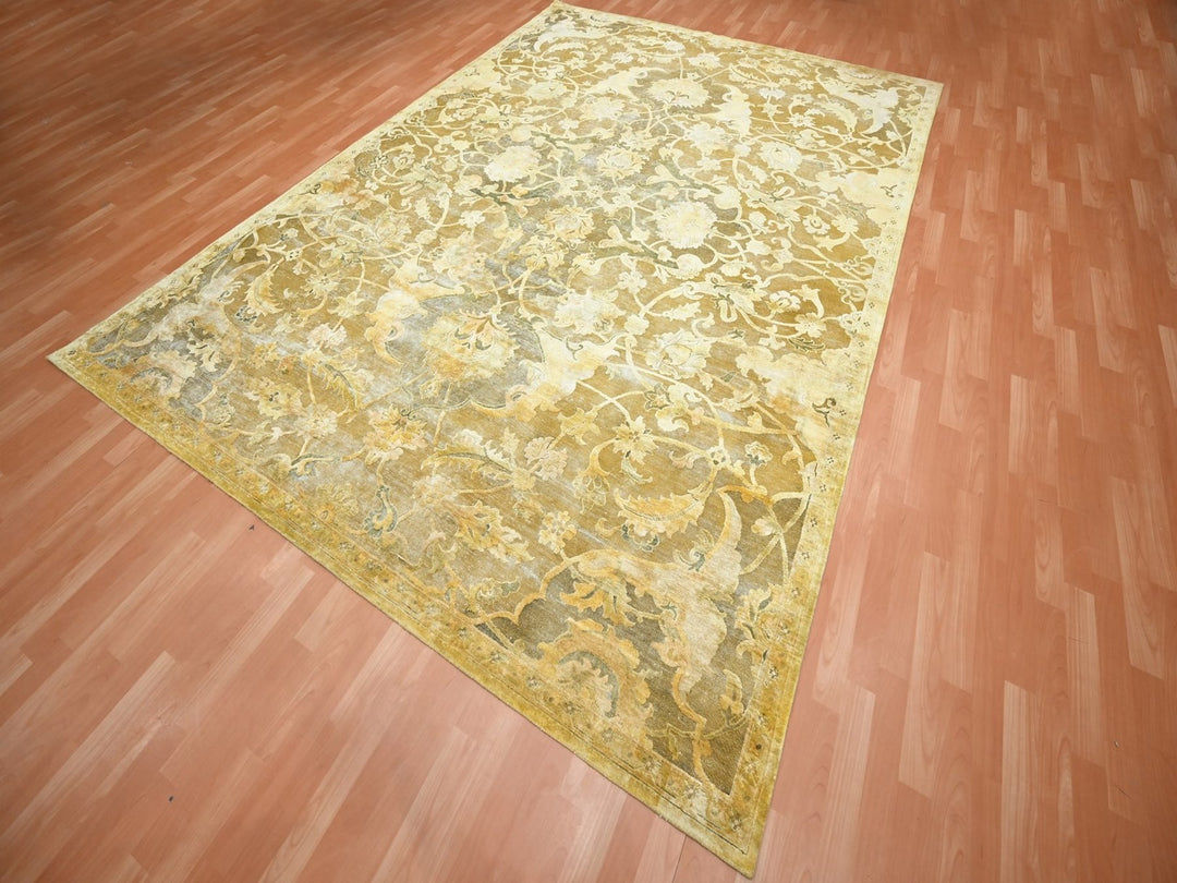 8'11" x 12'3" New Hand Knotted Yellow Silk Rectangle Oriental Rug - MOA10275893