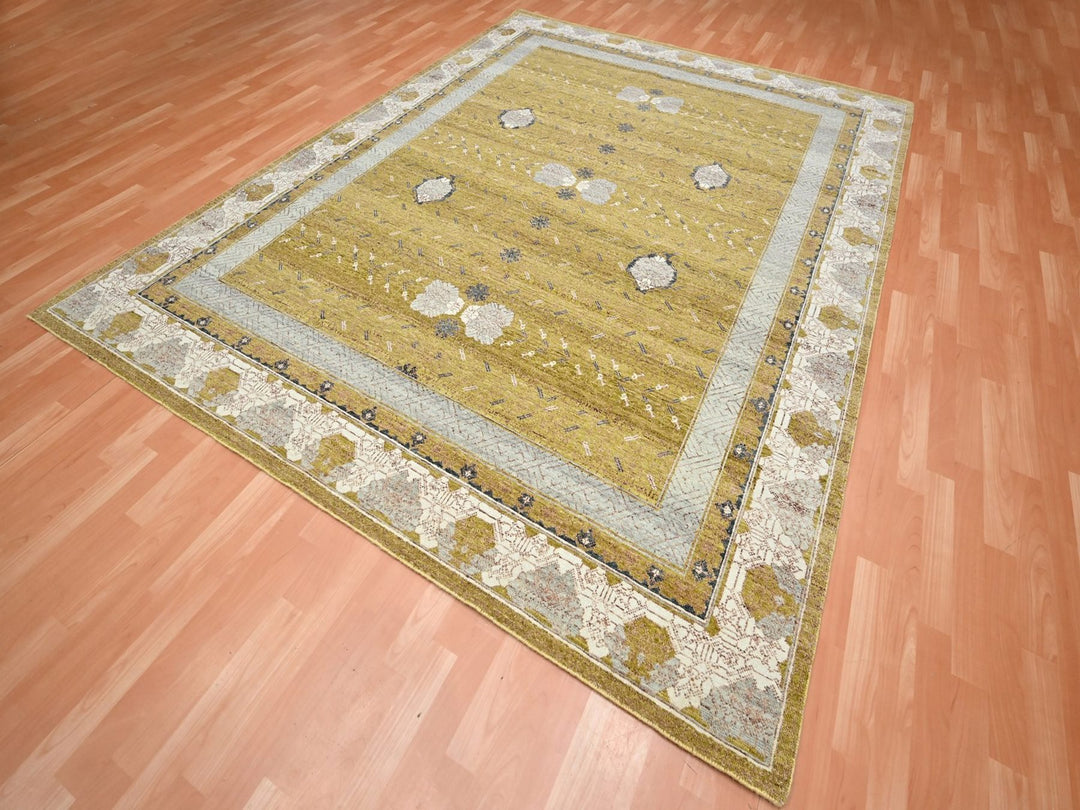 8'1" x 10'1" New Hand Knotted Yellow Wool Rectangle Oriental Rug - MOA10275895