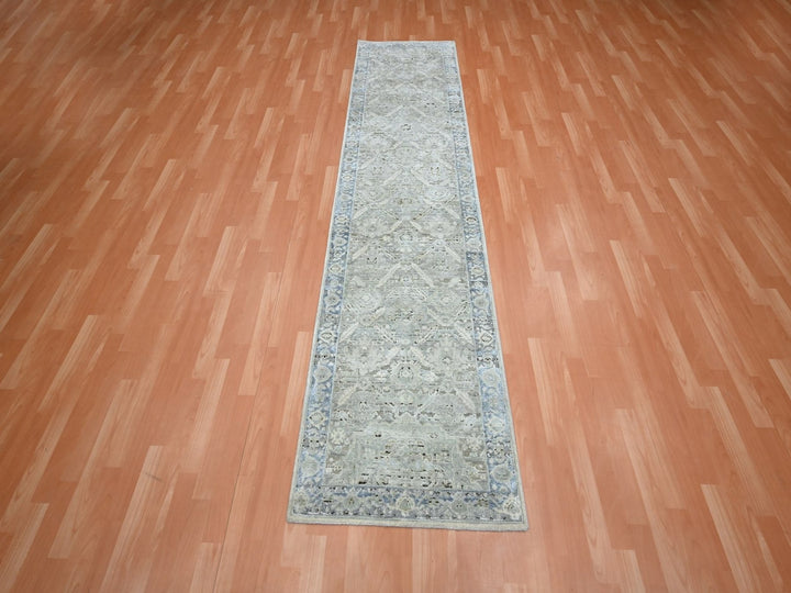 2'7" x 10'1" New Hand Knotted Grey Silk Runner Oriental Rug - MOA10275907