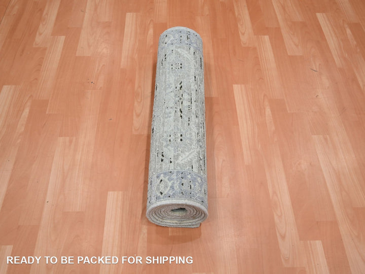 2'7" x 10'1" New Hand Knotted Grey Silk Runner Oriental Rug - MOA10275907