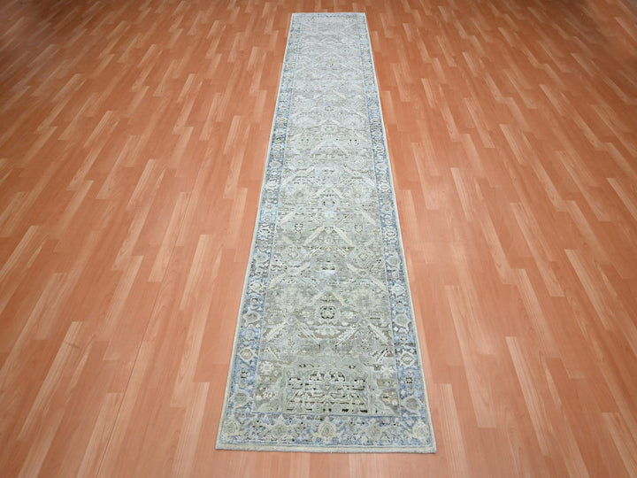 2'7" x 12'0" New Hand Knotted Grey Silk Runner Oriental Rug - MOA10275908