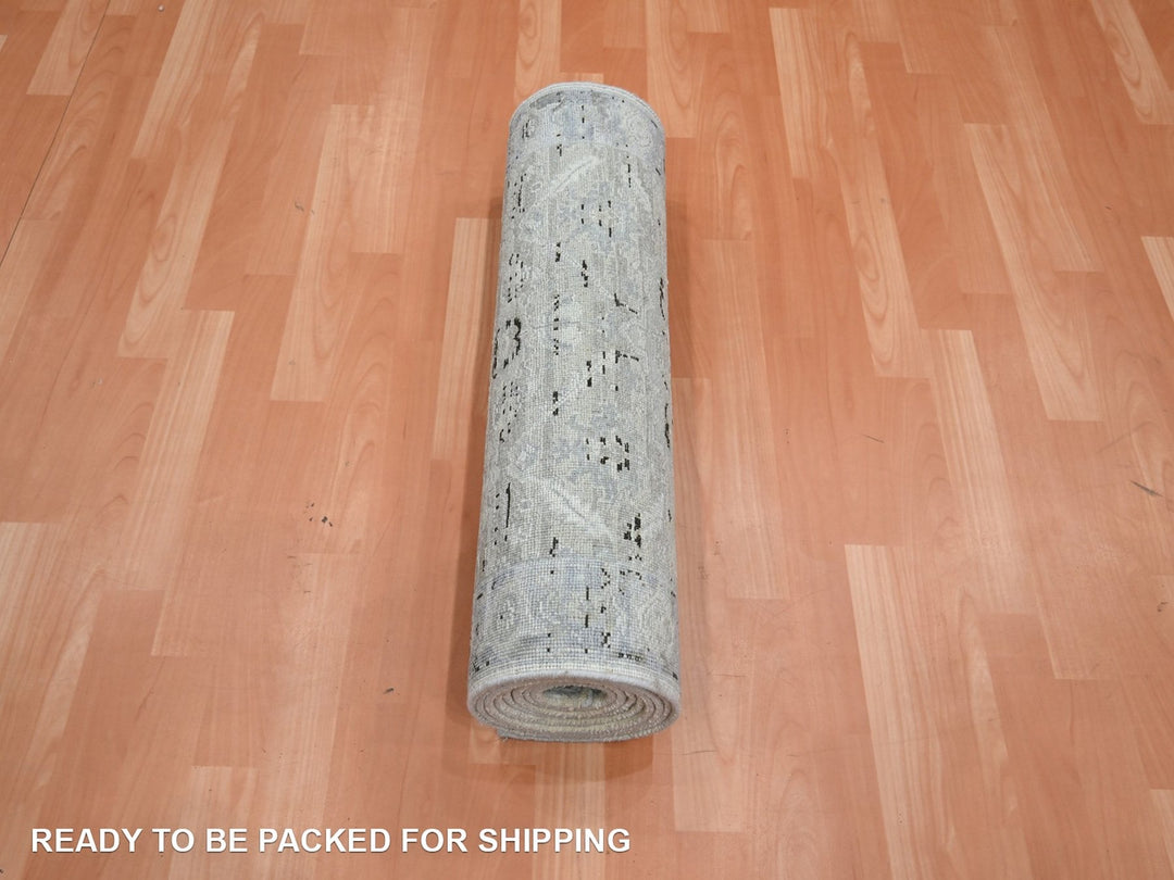 2'7" x 12'0" New Hand Knotted Grey Silk Runner Oriental Rug - MOA10275908